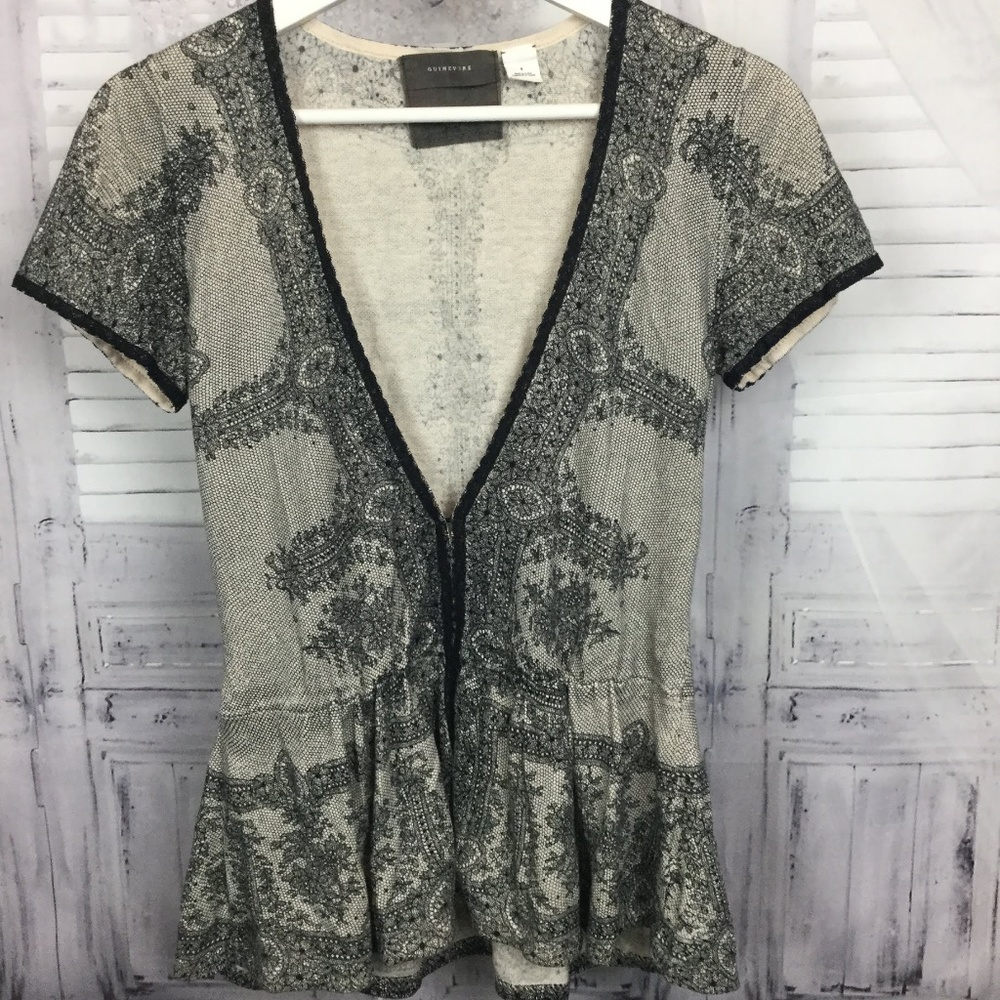 Guinevere Anthropologie Black Lace Print Peplum S